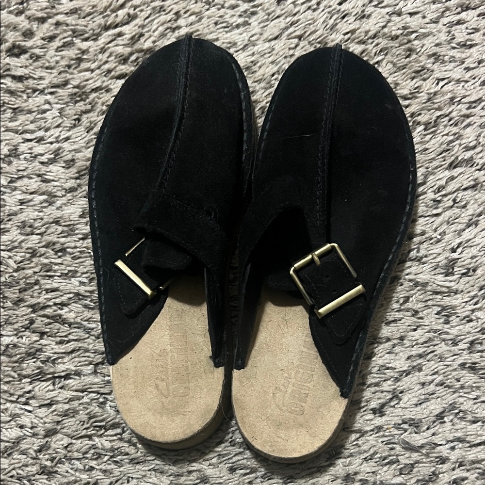 Clarks Black Suede Buckle Mule